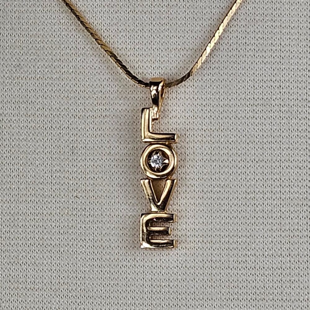 AVON LOVE Word Pendant Snake Chain Necklace 18" Gold Tone Rhinestone